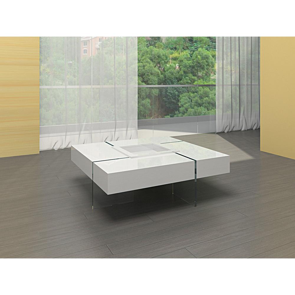 White Lacquer Top Coffee Table W/ Center Tray, Glass Legs. Picture 1