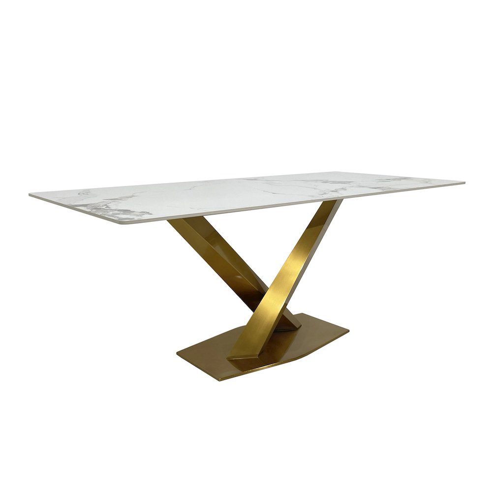 White Slate Marble Dining Table with Matte Gold Base. Picture 2