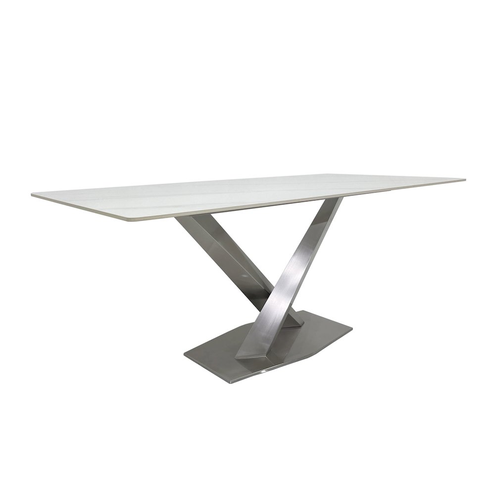 White Slate Marble Dining Table with Matte Silver Base. Picture 2