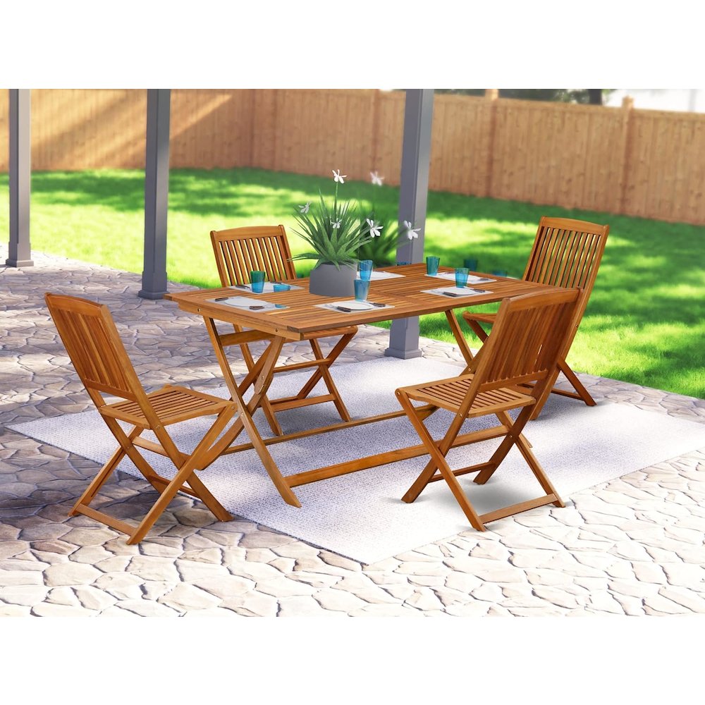 AECM5CWNA - 5 Piece Modern Garden Set - A Wonderful Modern Table with 4 Arm Less Patio Chairs- Natural Oil Finish. Picture 2