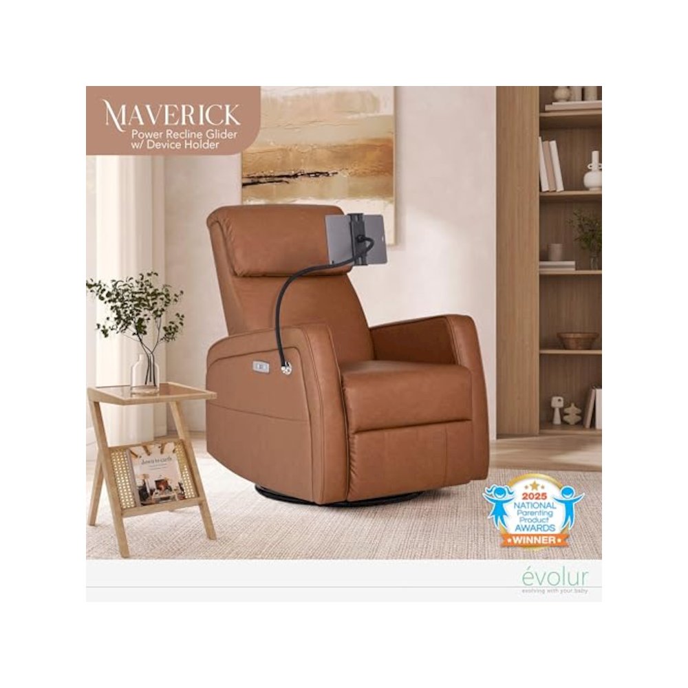 Evolur Maverick Power Recline Glider with Device Holder, Cognac. Picture 3