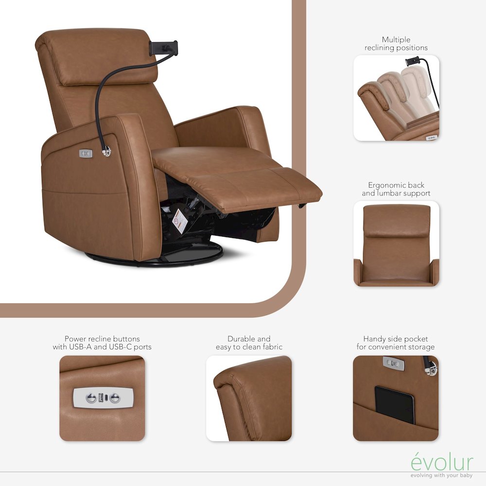 Evolur Maverick Power Recline Glider with Device Holder, Cognac. Picture 6