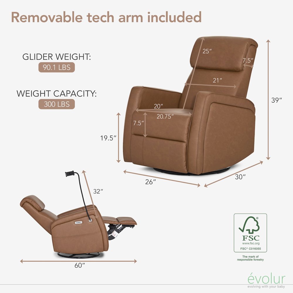 Evolur Maverick Power Recline Glider with Device Holder, Cognac. Picture 2