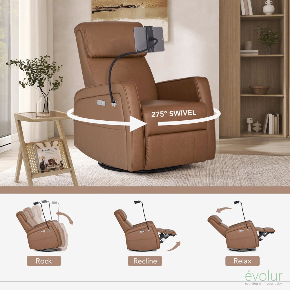 Evolur Maverick Power Recline Glider with Device Holder, Cognac. Picture 4
