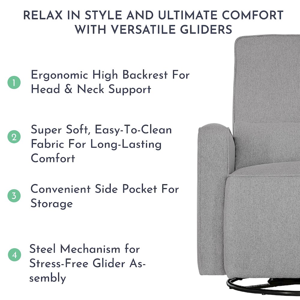 Evolur Holland Upholstered Swivel Glider And Ottoman | Rocker I Included Ottoman And Bonus Lumbar Pillow I Modern Design, 613-LTGRY. Picture 5