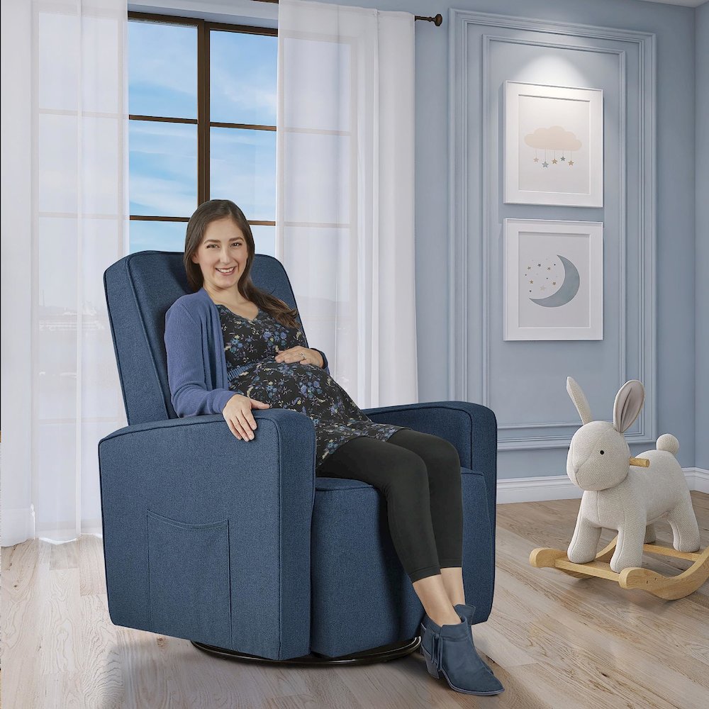 Evolur Holland Upholstered Swivel Glider And Ottoman | Rocker I Included Ottoman And Bonus Lumbar Pillow I Modern Design, 613-NAVY. Picture 2