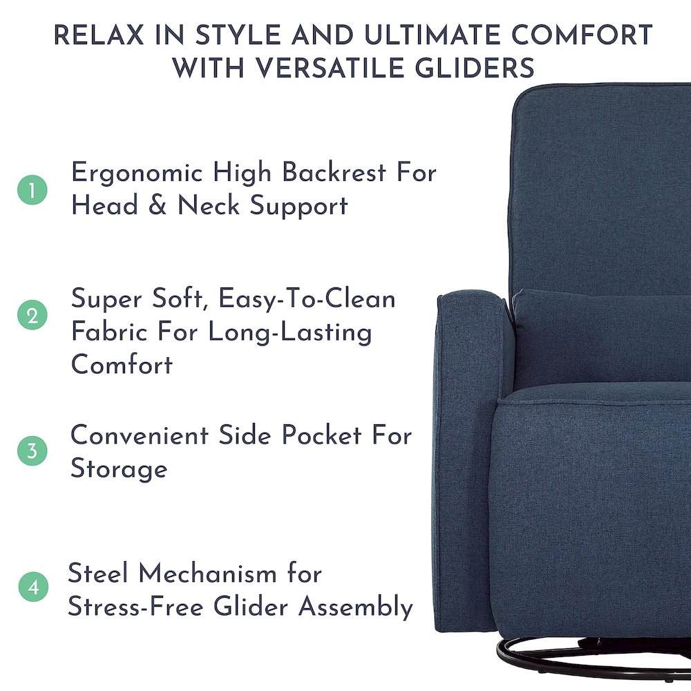 Evolur Holland Upholstered Swivel Glider And Ottoman | Rocker I Included Ottoman And Bonus Lumbar Pillow I Modern Design, 613-NAVY. Picture 5