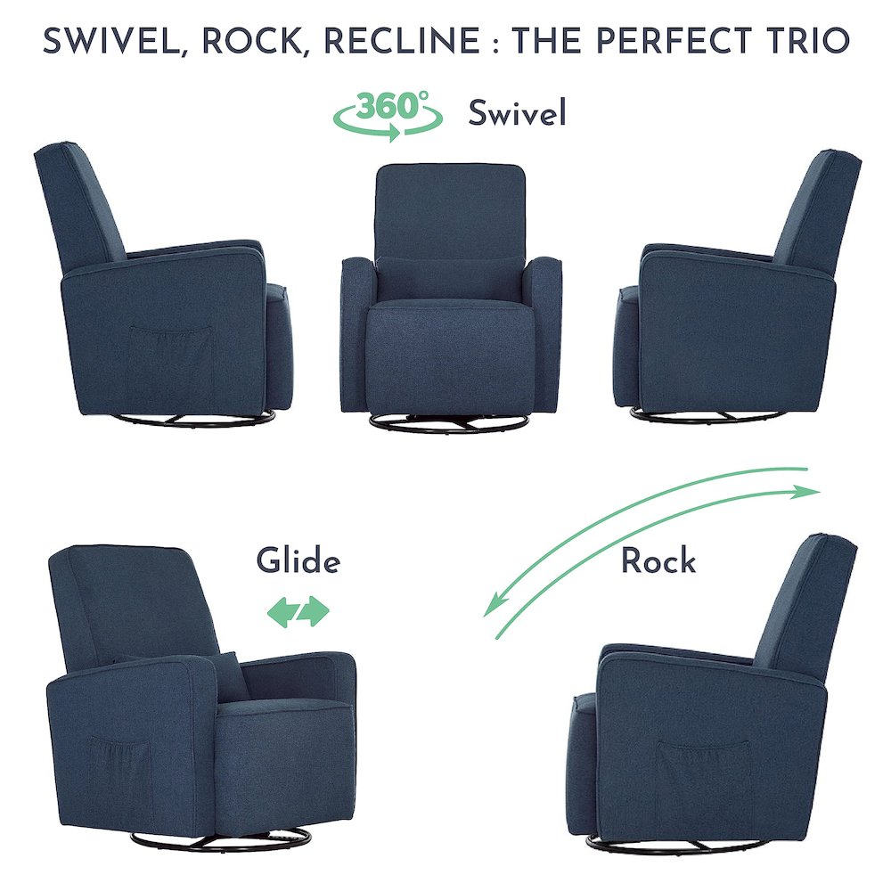 Evolur Holland Upholstered Swivel Glider And Ottoman | Rocker I Included Ottoman And Bonus Lumbar Pillow I Modern Design, 613-NAVY. Picture 6