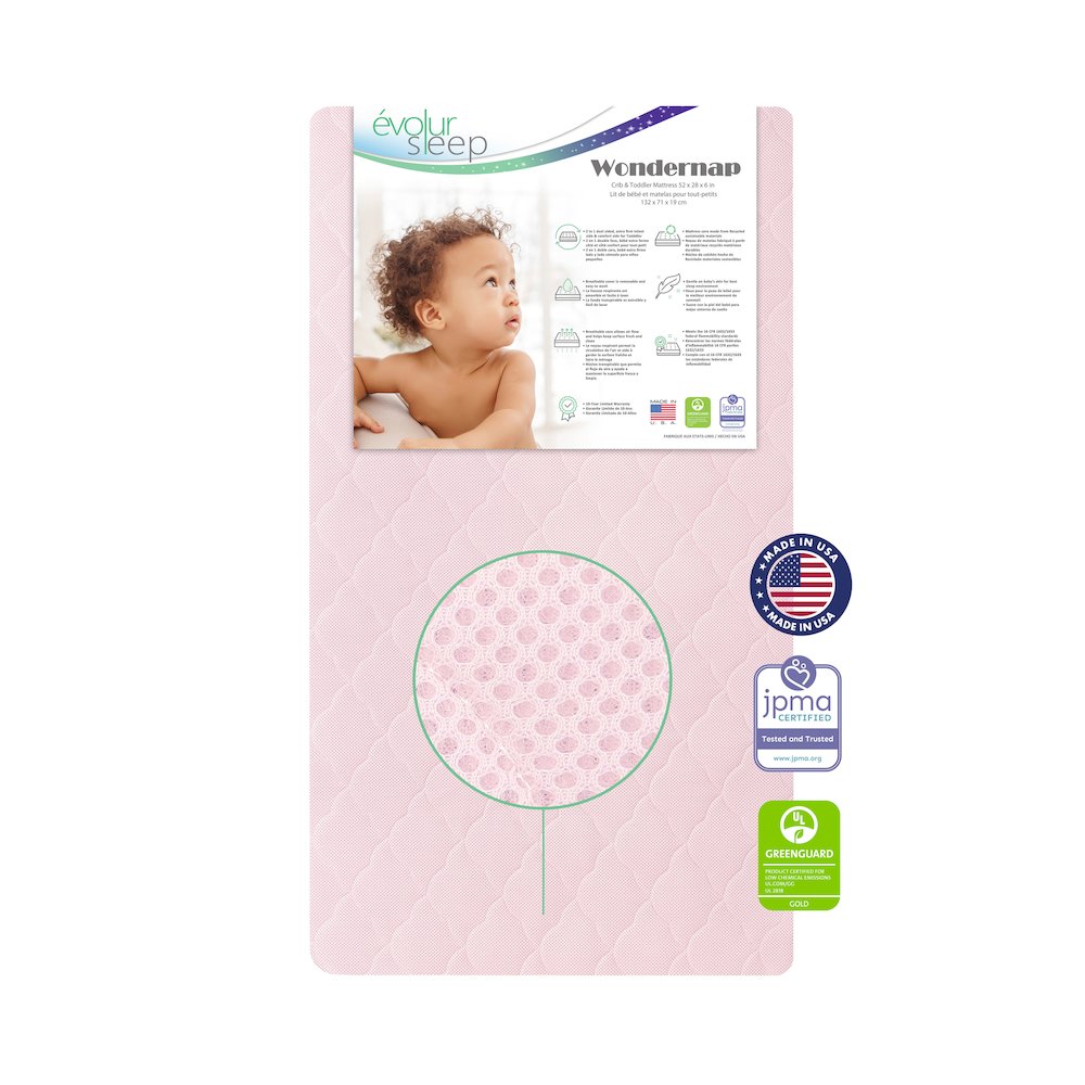 Evolur Wondernap 2 in 1 Full-size Crib Mattress, Pink. Picture 1