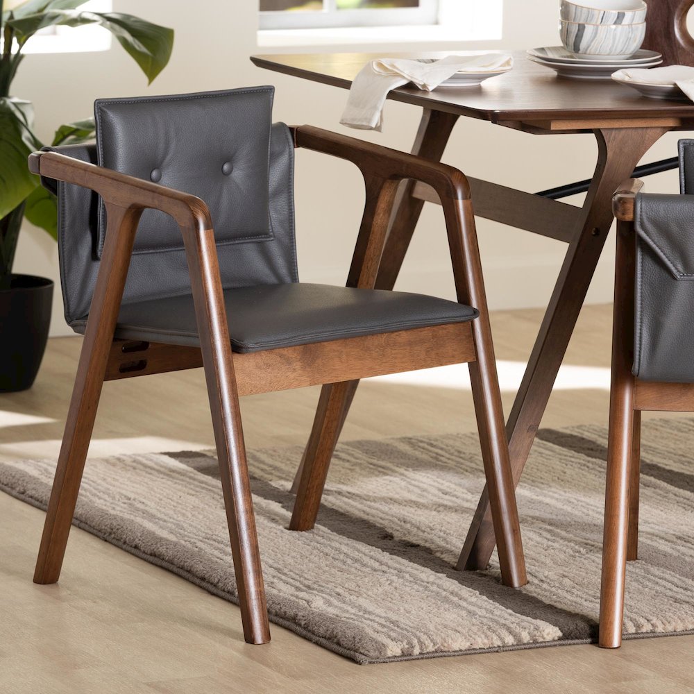 Marcena Modern Grey Imitation Leather and Walnut Brown 2-Piece Dining Chair Set. Picture 6