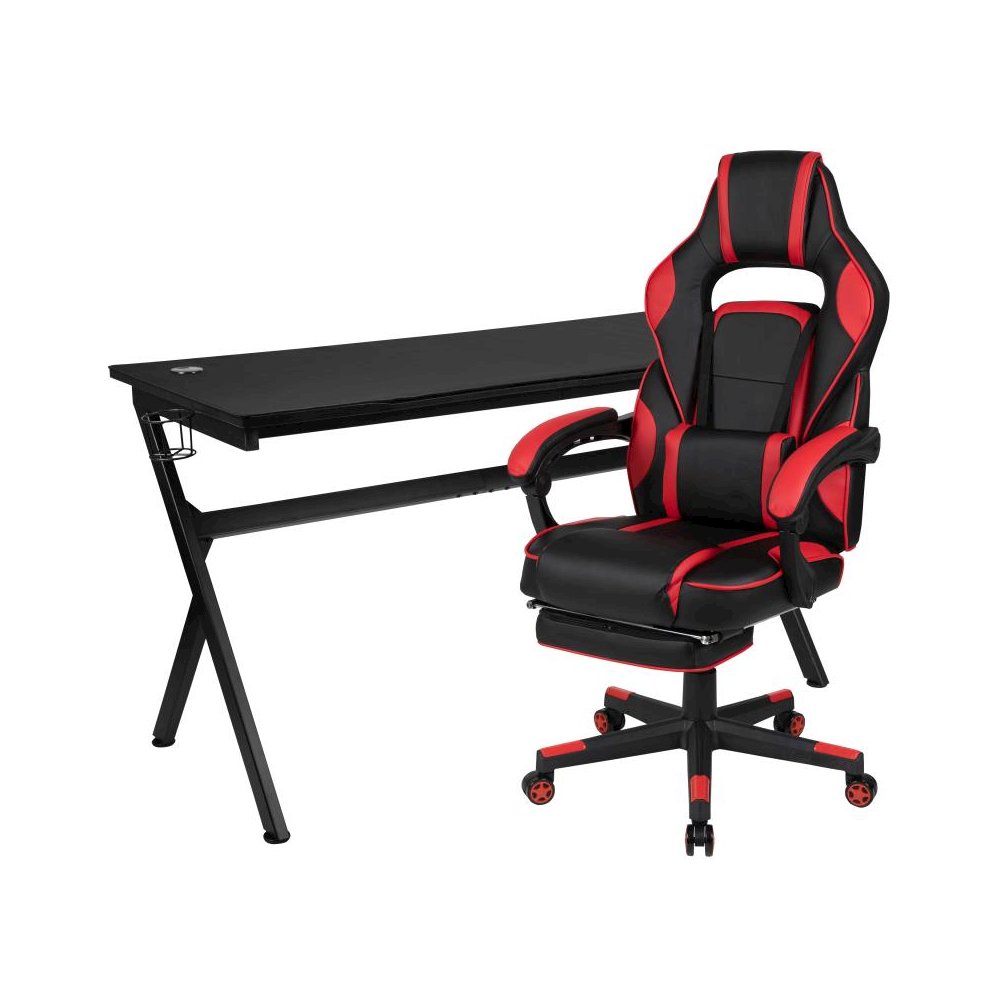Gaming Desk with Cup Holder/Headphone Hook/Removable Mousepad Top & Red Reclining Back/Arms Gaming Chair with Footrest. Picture 1