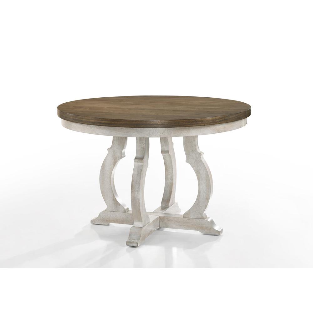 Havanna Vintage Walnut 5 Piece 47" Wide Contemporary Round Dining Table Set with Off White Fabric Chairs. Picture 2