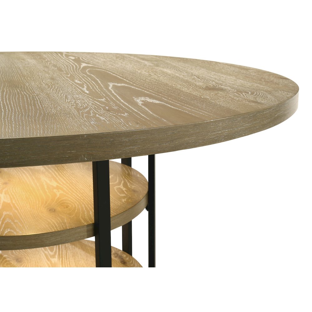 59" Round Rustic Oak Dining Table with LED Light, Black Metal Frame, Shelves. Picture 3