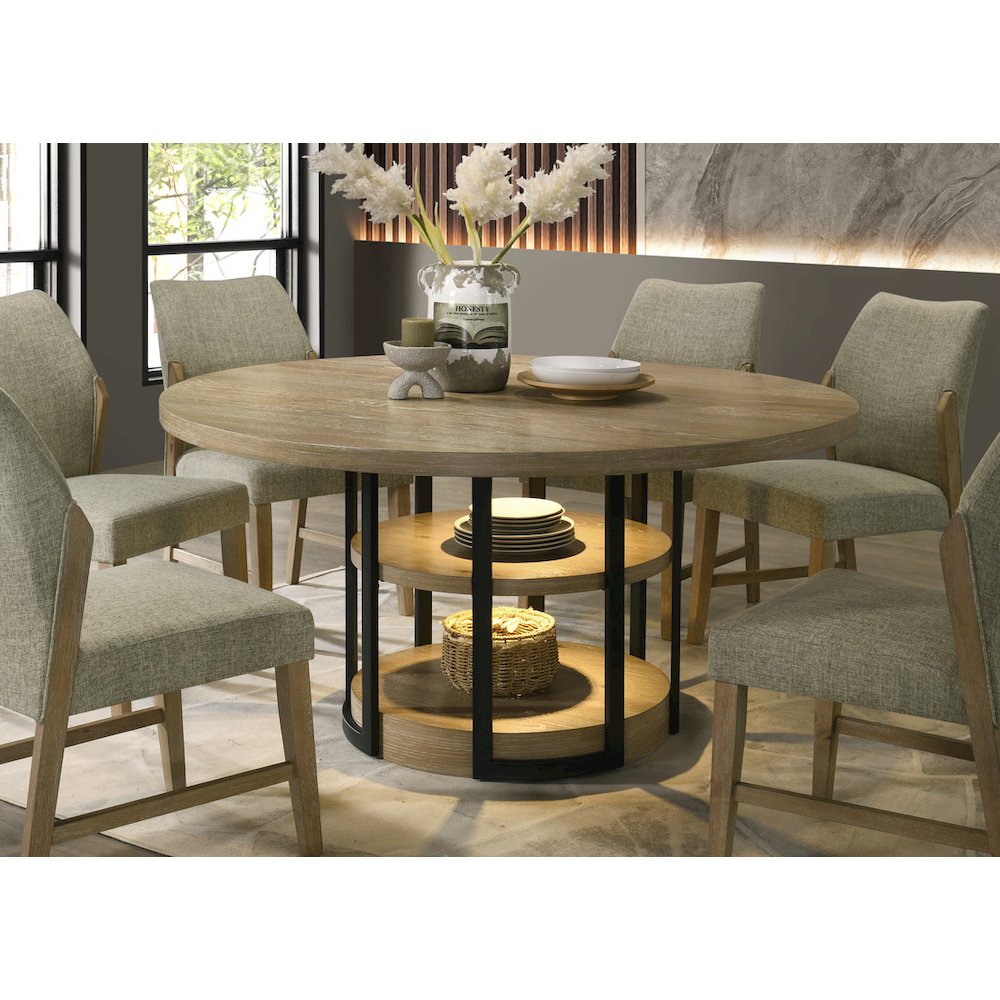 59" Round Rustic Oak Dining Table with LED Light, Black Metal Frame, Shelves. Picture 2