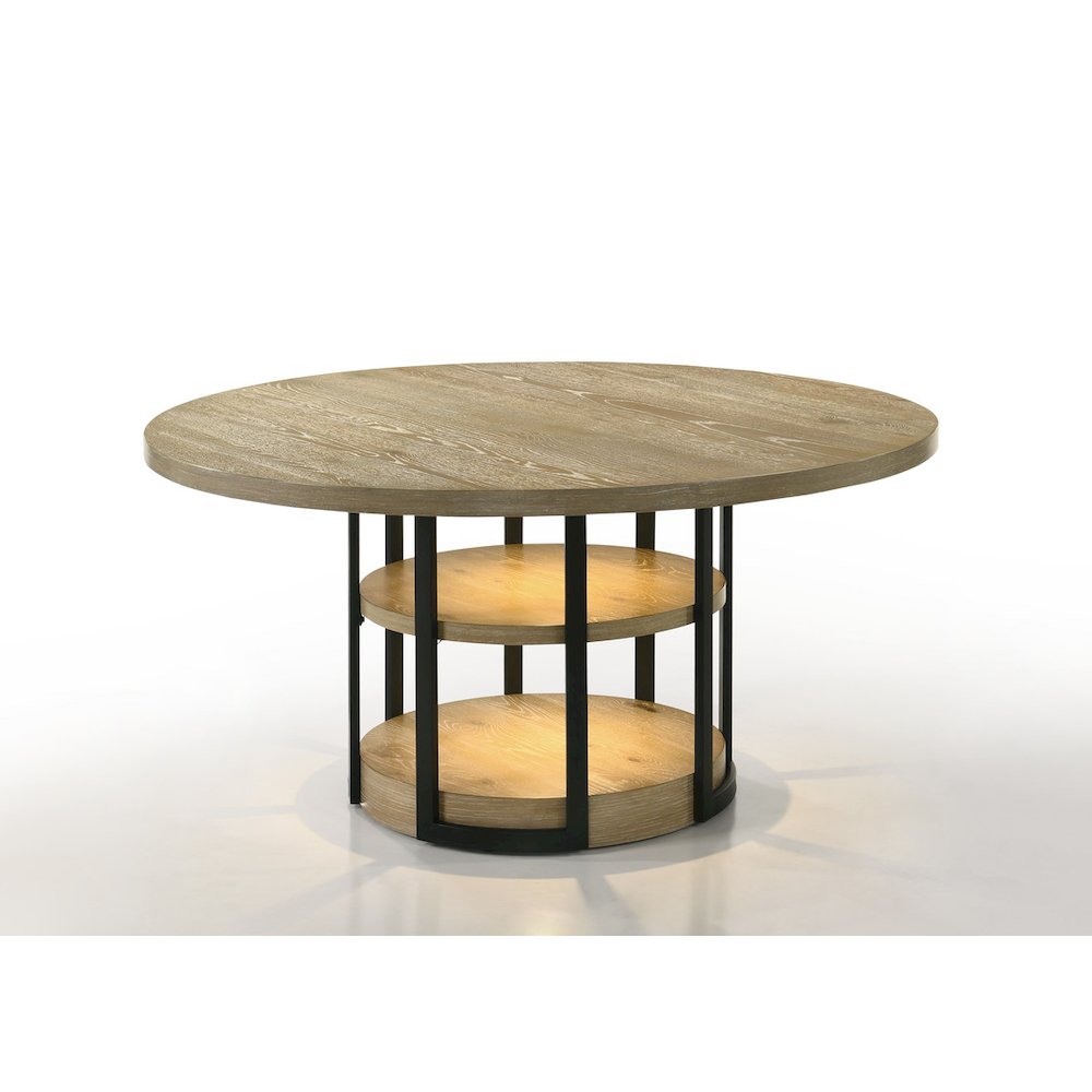 59" Round Rustic Oak Dining Table with LED Light, Black Metal Frame, Shelves. Picture 1