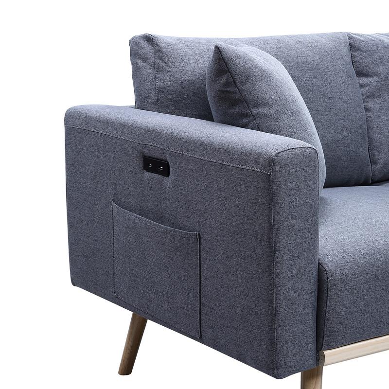 Easton Dark Gray Linen Fabric Sofa Loveseat Living Room Set with USB Charging Ports Pockets & Pillows. Picture 8