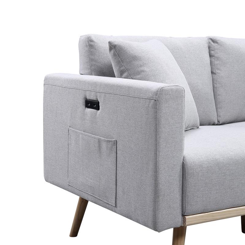 Easton Light Gray Linen Fabric Sofa Loveseat Living Room Set with USB ...