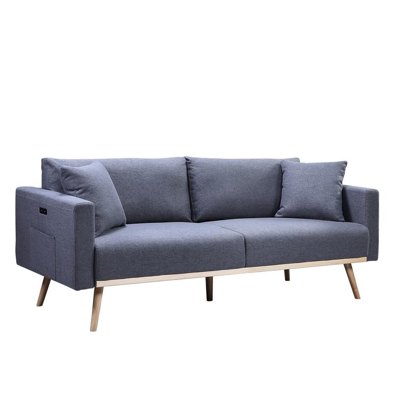 Easton Dark Gray Linen Fabric Sofa Loveseat Living Room Set with USB Charging Ports Pockets & Pillows. Picture 2