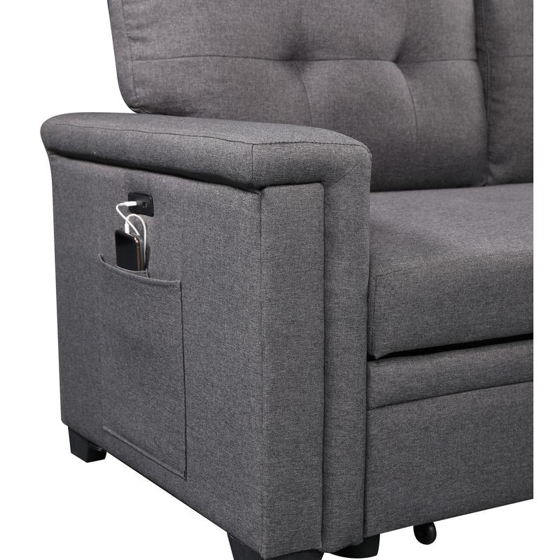 Ashlyn Dark Gray Reversible Sleeper Sectional Sofa with Storage Chaise, USB Charging Ports and Pocket. Picture 6