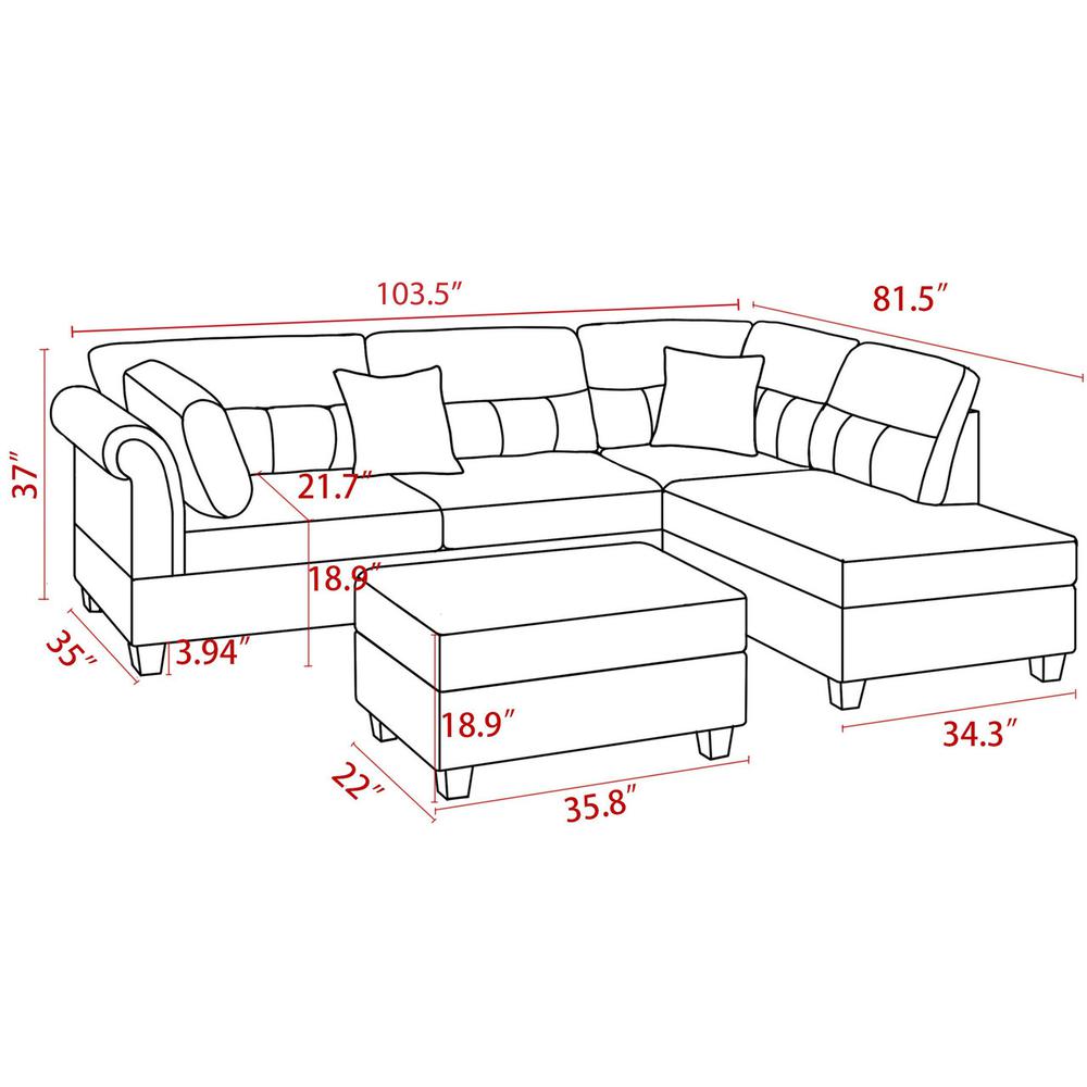 Diego Black Fabric Sectional Sofa with Right Facing Chaise, Storage Ottoman, and 2 Accent Pillows. Picture 8