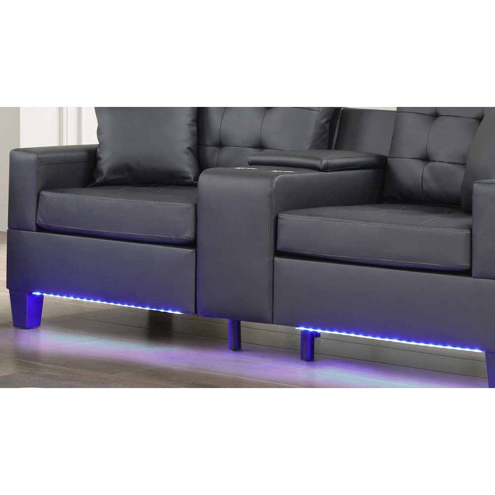 Black PVC Fabric Sofa Loveseat Living Room Set with LED Lights. Picture 5
