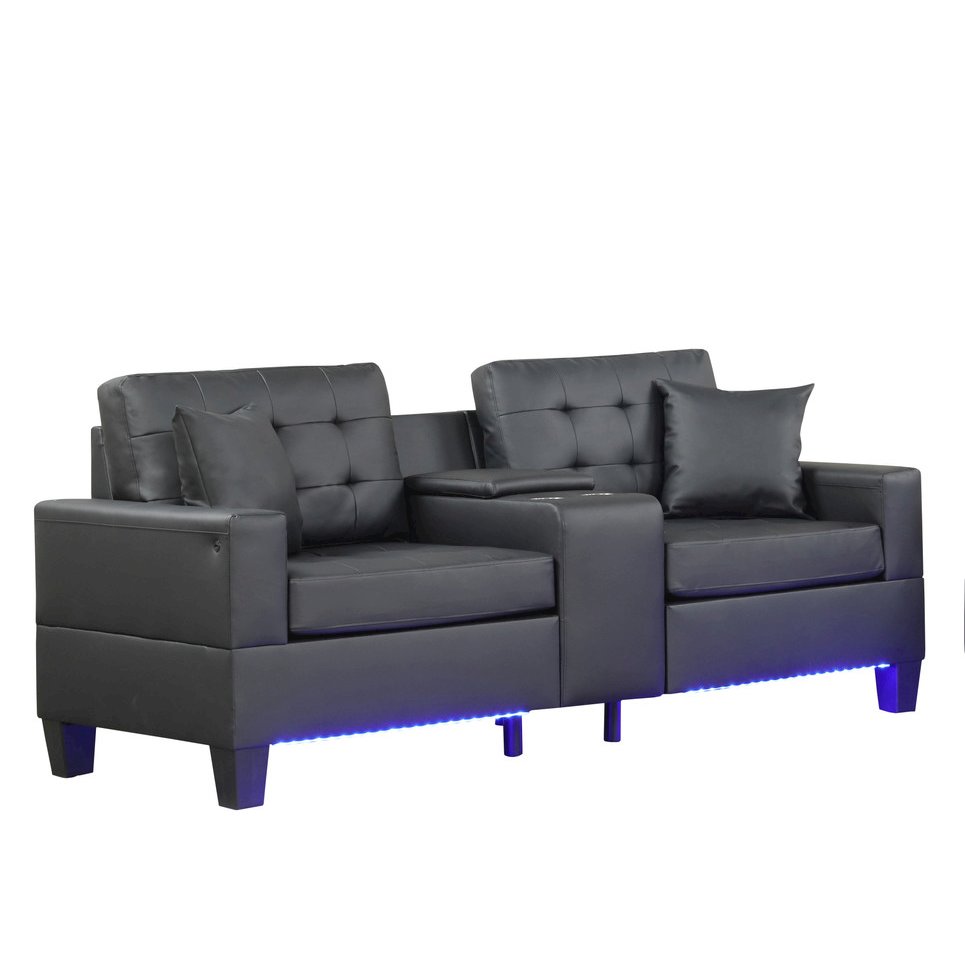 Black PVC Fabric Sofa Loveseat Living Room Set with LED Lights. Picture 3
