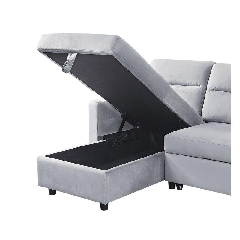 Ivy Light Gray Velvet Reversible Sleeper Sectional Sofa with Storage Chaise and Side Pocket. Picture 6