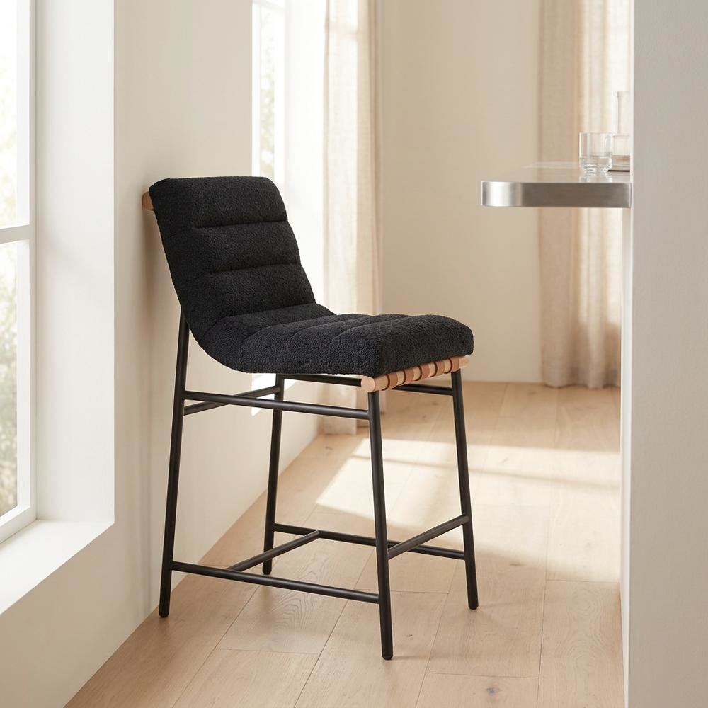 Black Boucle Fabric Counter Height Stool with Steel and Wood Frame. Picture 2