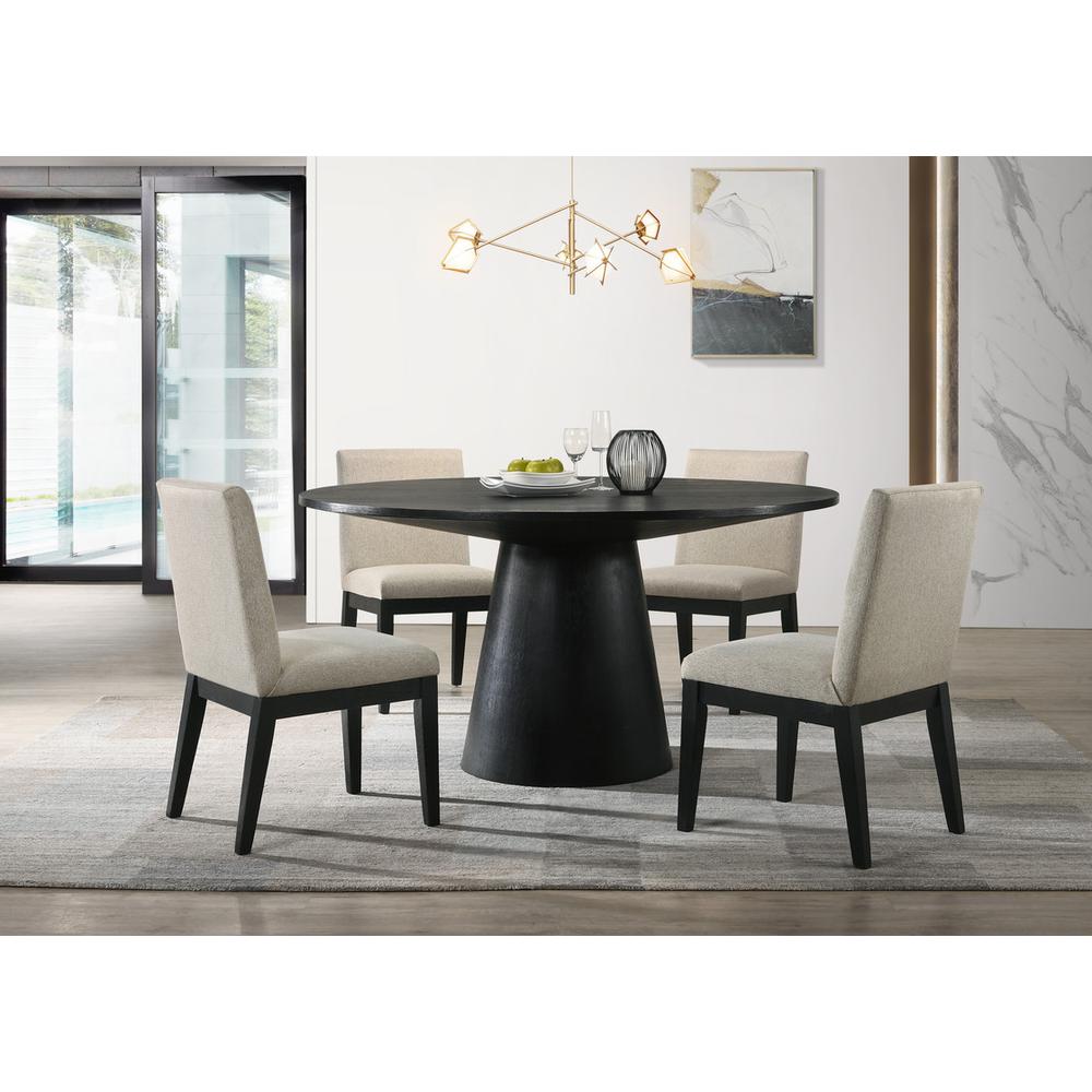 Jasper Ebony Black 5 Piece 59" Wide Contemporary Round Dining Table Set with Beige Fabric Chairs. Picture 4