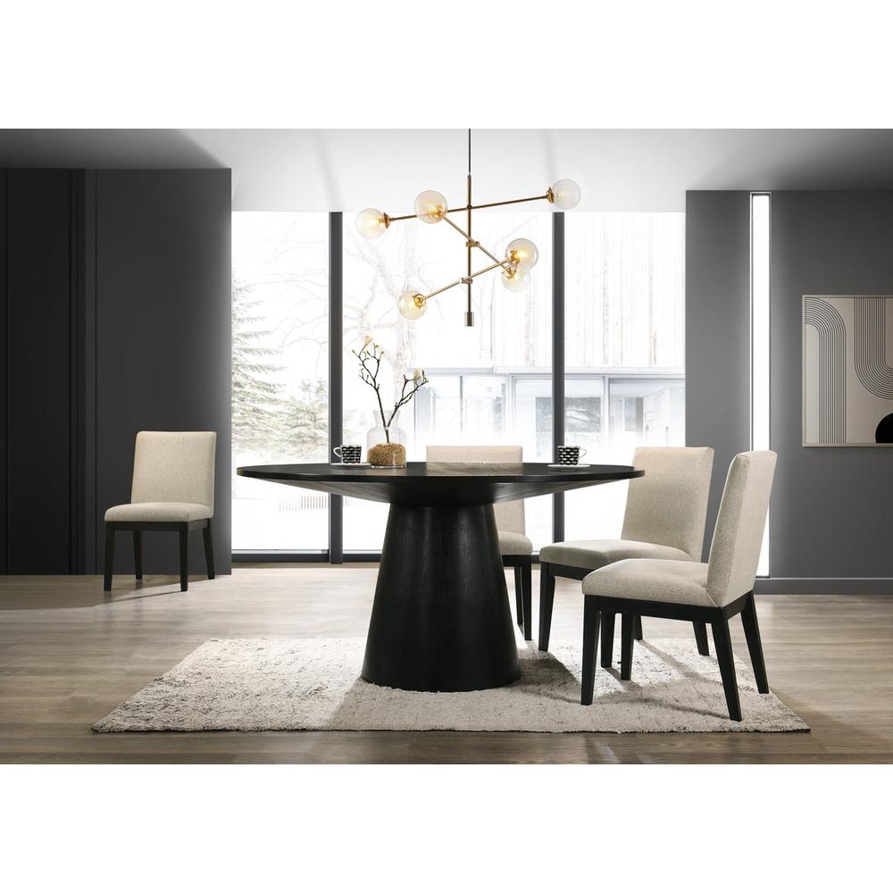Jasper Ebony Black 5 Piece 59" Wide Contemporary Round Dining Table Set with Beige Fabric Chairs. Picture 2