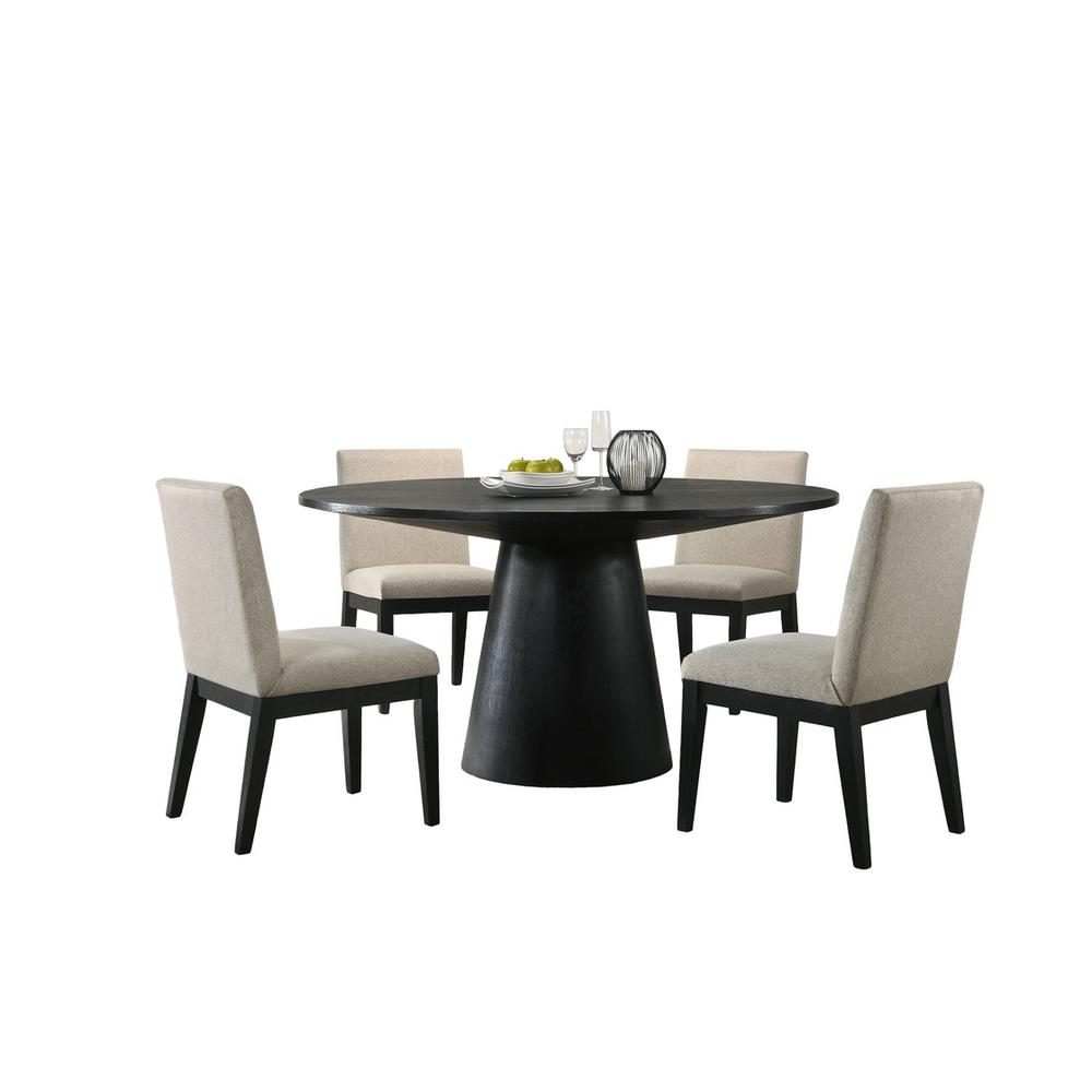 Jasper Ebony Black 5 Piece 59" Wide Contemporary Round Dining Table Set with Beige Fabric Chairs. Picture 1