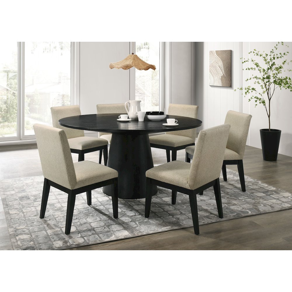 Jasper Ebony Black 7 Piece 59"W Round Dining Table Set with Beige Fabric Chairs. Picture 4