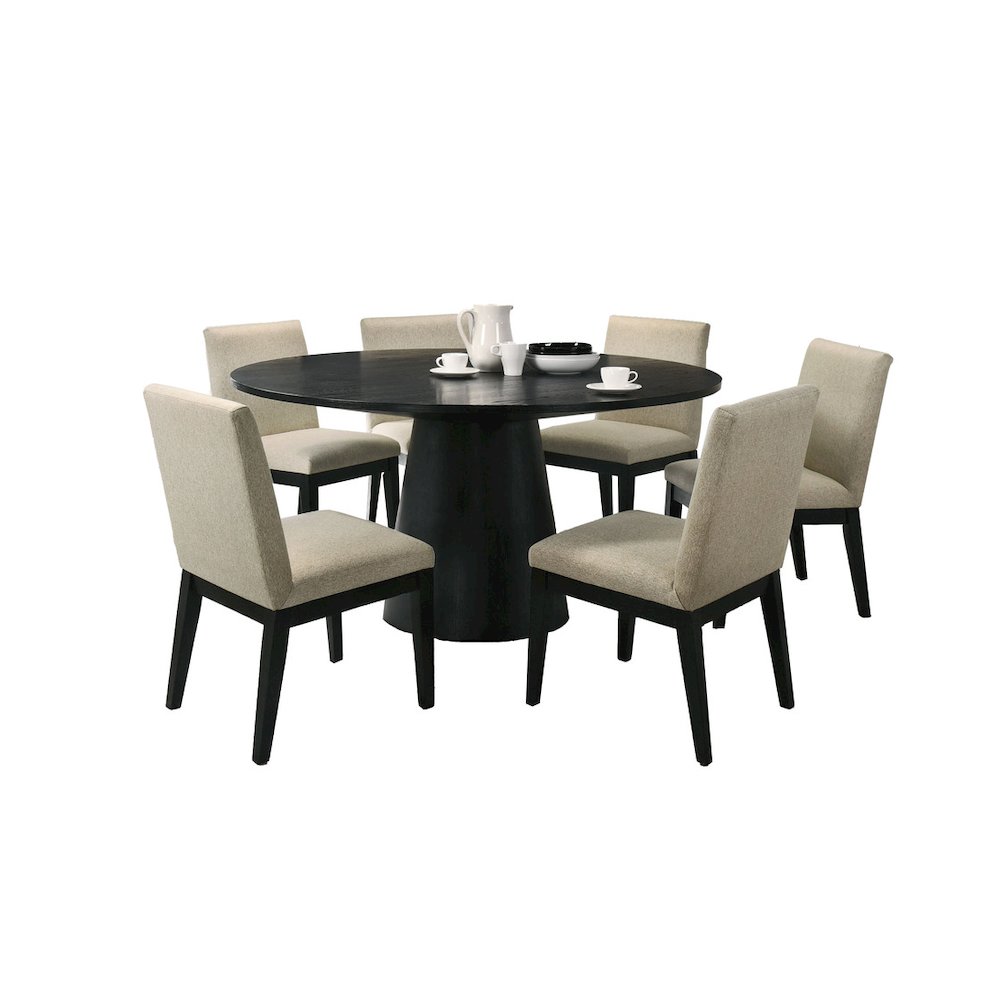 Jasper Ebony Black 7 Piece 59"W Round Dining Table Set with Beige Fabric Chairs. Picture 1