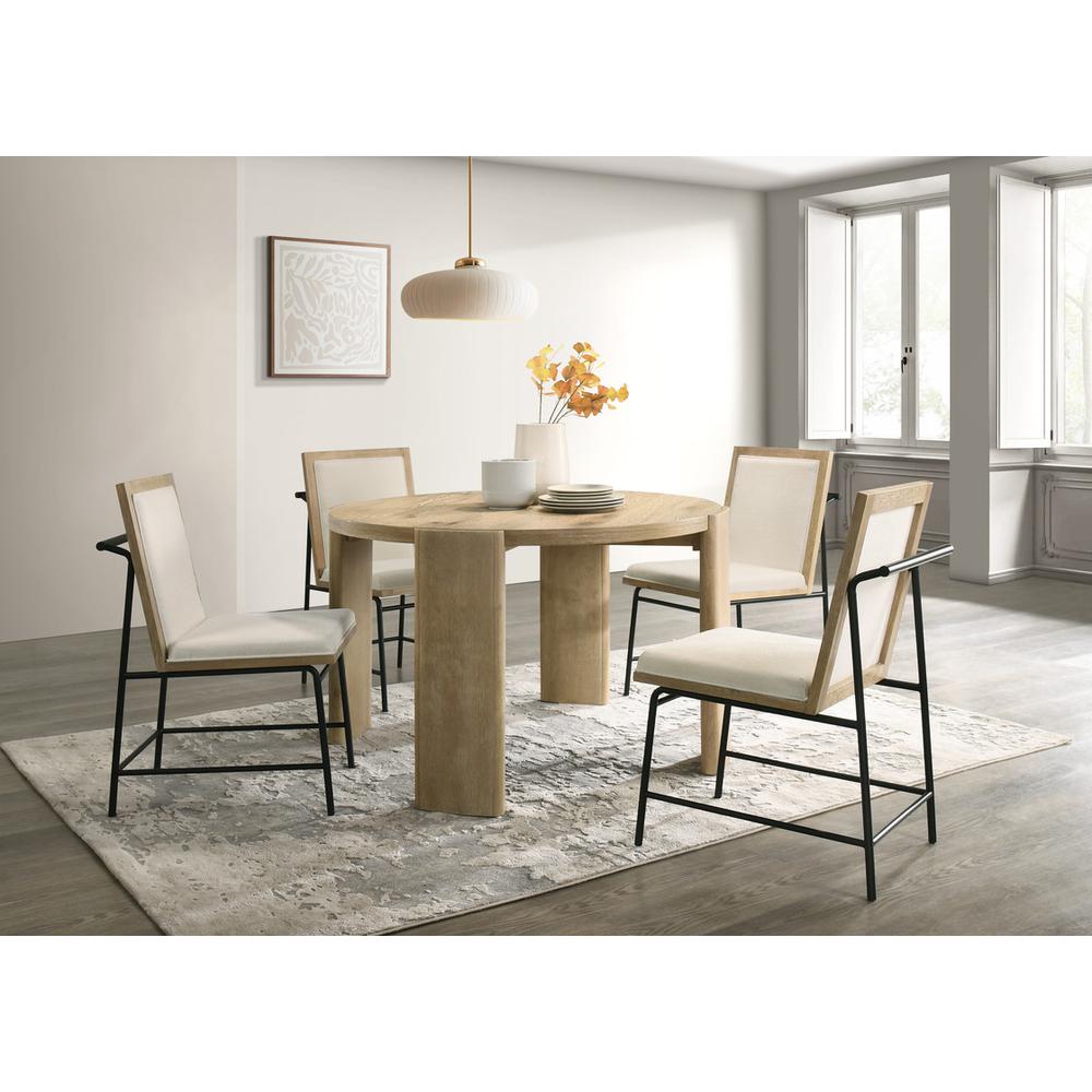 Bowen Oak Finish 47" Round Dining Table Set with Cream Color Upholstered Chairs. Picture 4