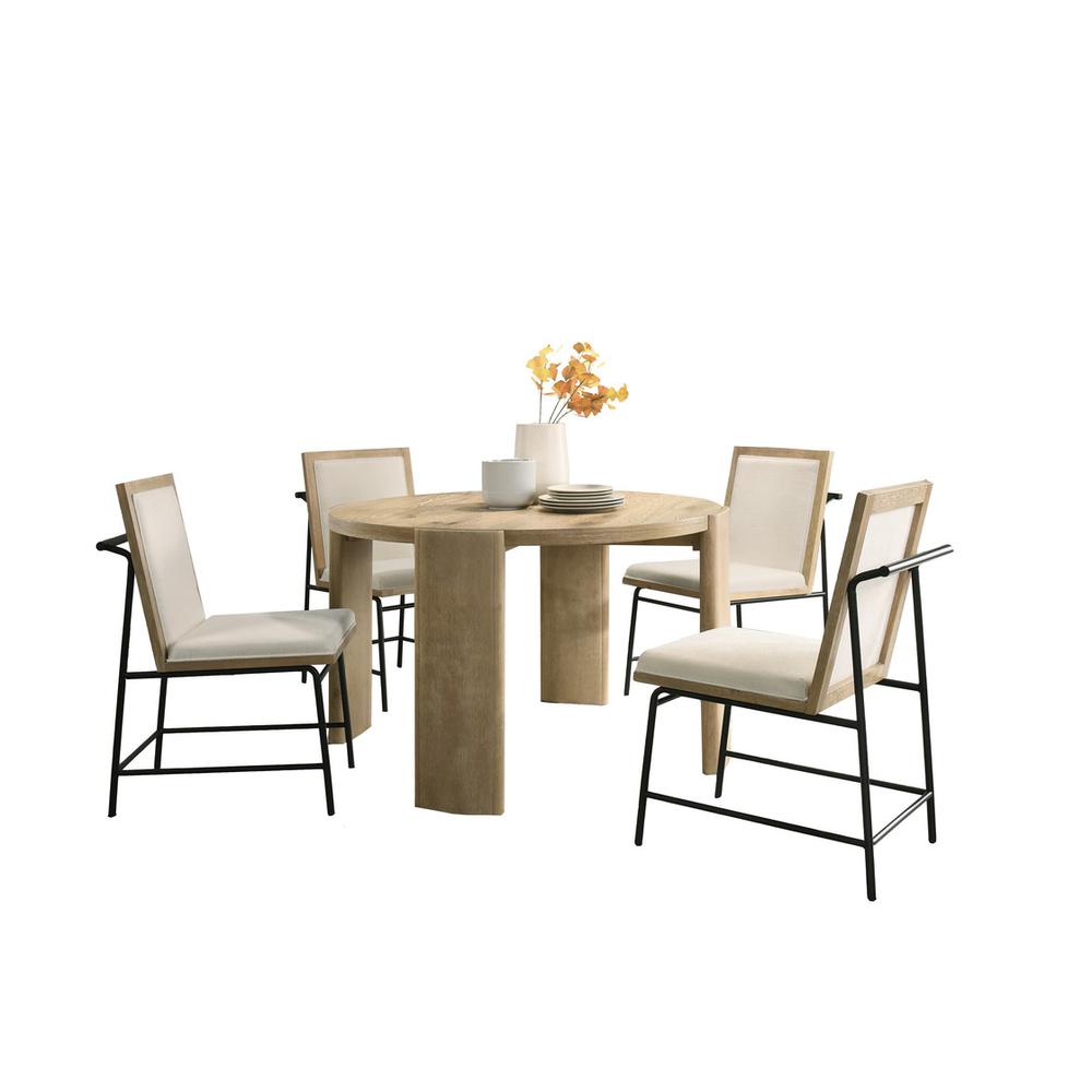 Bowen Oak Finish 47" Round Dining Table Set with Cream Color Upholstered Chairs. Picture 1