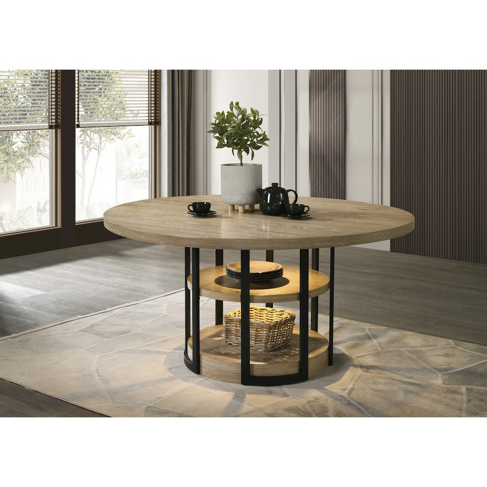 59" Round Rustic Oak Dining Table with LED Light, Black Metal Frame, Shelves. Picture 4