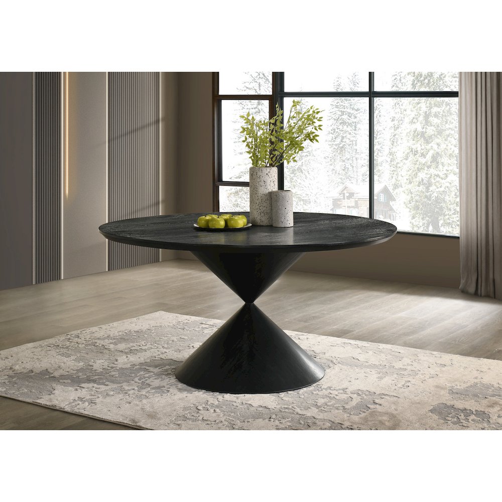 Haven 59" Round Ebony Black Pedestal Dining Table with Hourglass Base. Picture 4