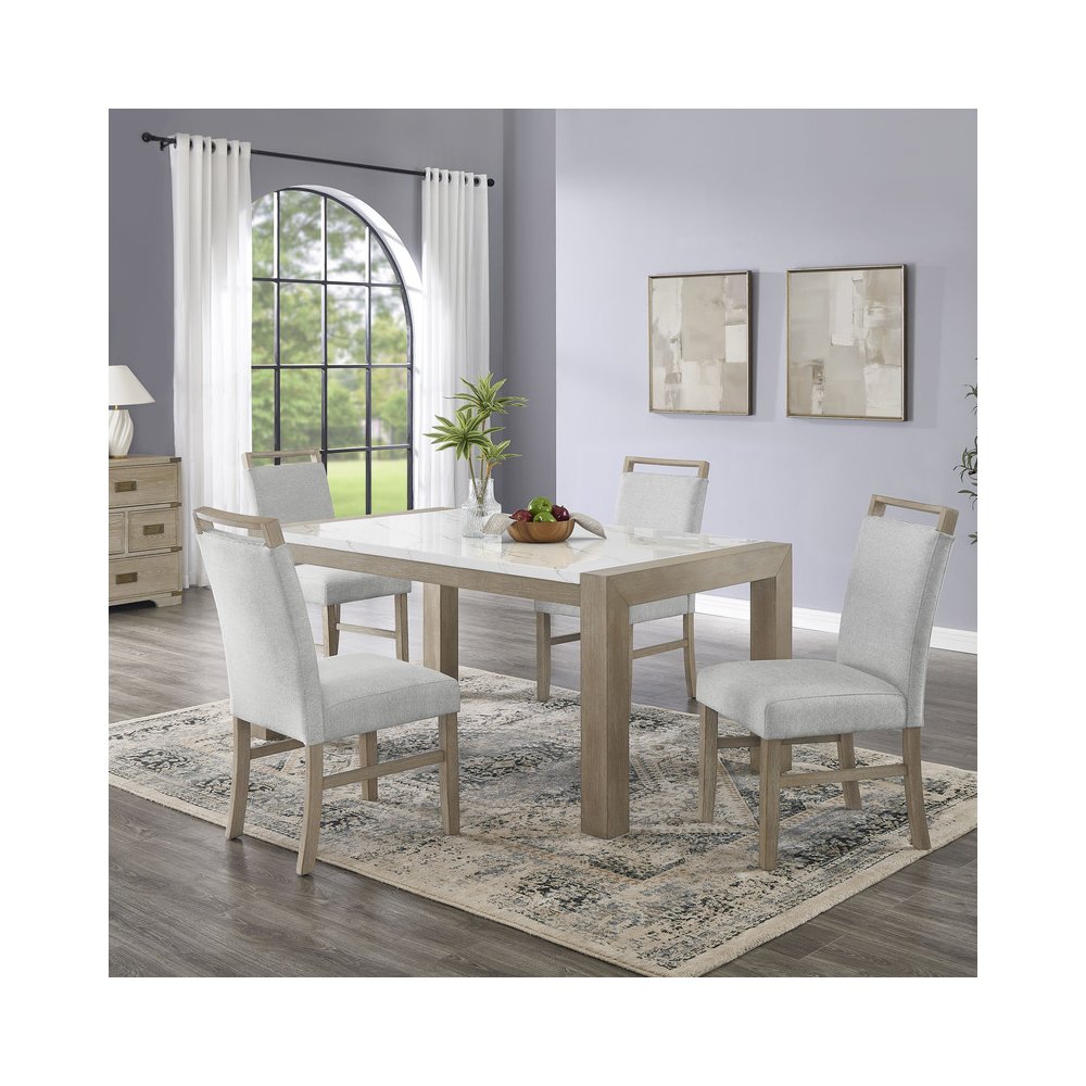 Tabitha 5Pc 66" Rectangular White Faux Marble Top Dining Set in Light Oak Finish. Picture 5