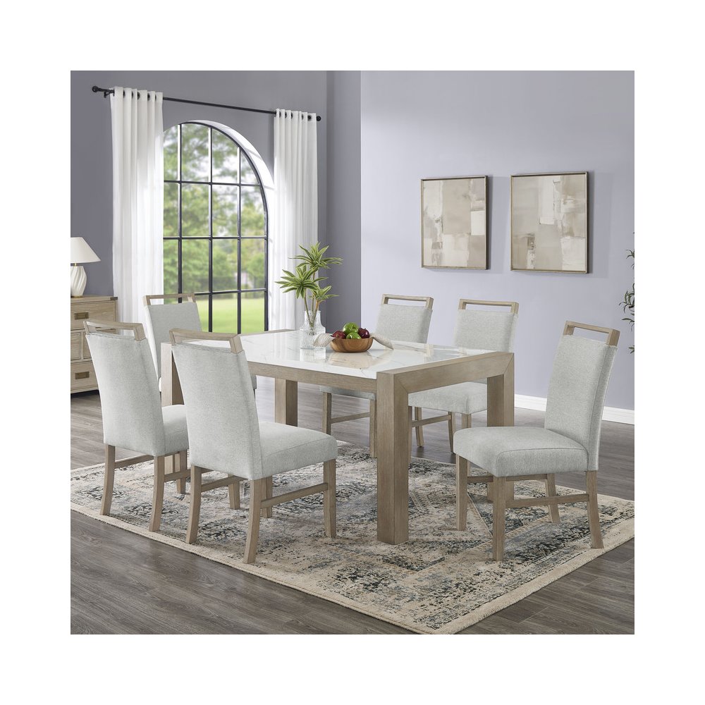 Tabitha 7Pc 66" Rectangular White Faux Marble Top Dining Set in Light Oak Finish. Picture 5