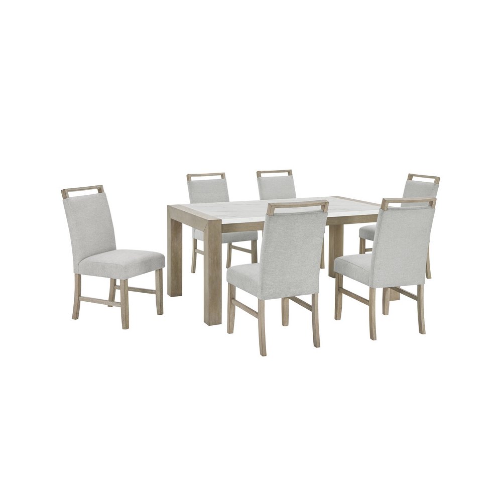 Tabitha 7Pc 66" Rectangular White Faux Marble Top Dining Set in Light Oak Finish. Picture 1