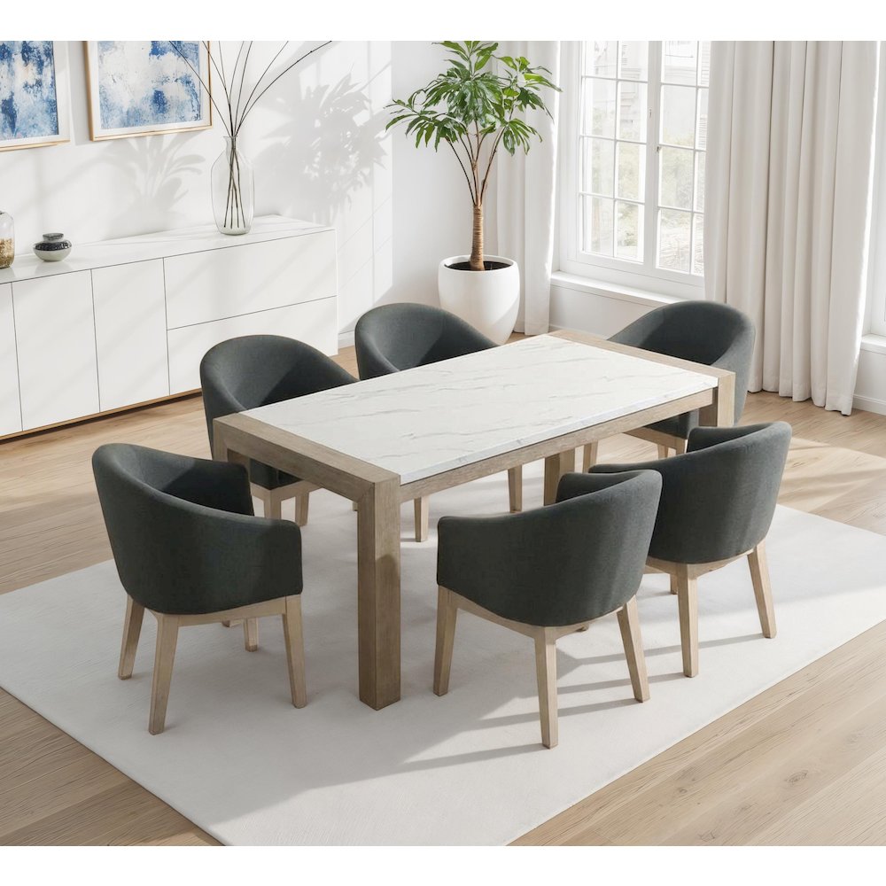 7-Piece Dining Set with 66" Rectangular White Table & 6 Gray Chairs. Picture 2