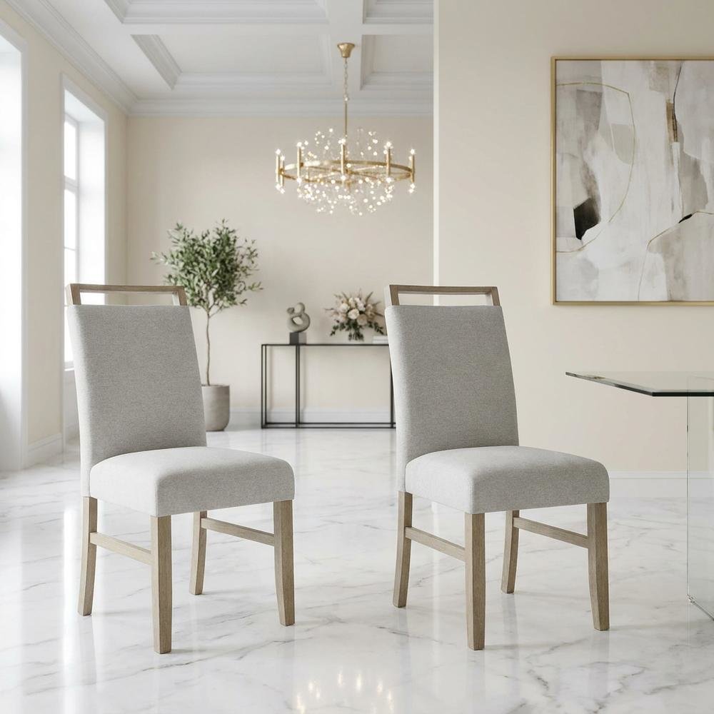 Set of 2 Light Oak Dining Chairs with Gray Fabric Upholstery, Transitional Style. Picture 2