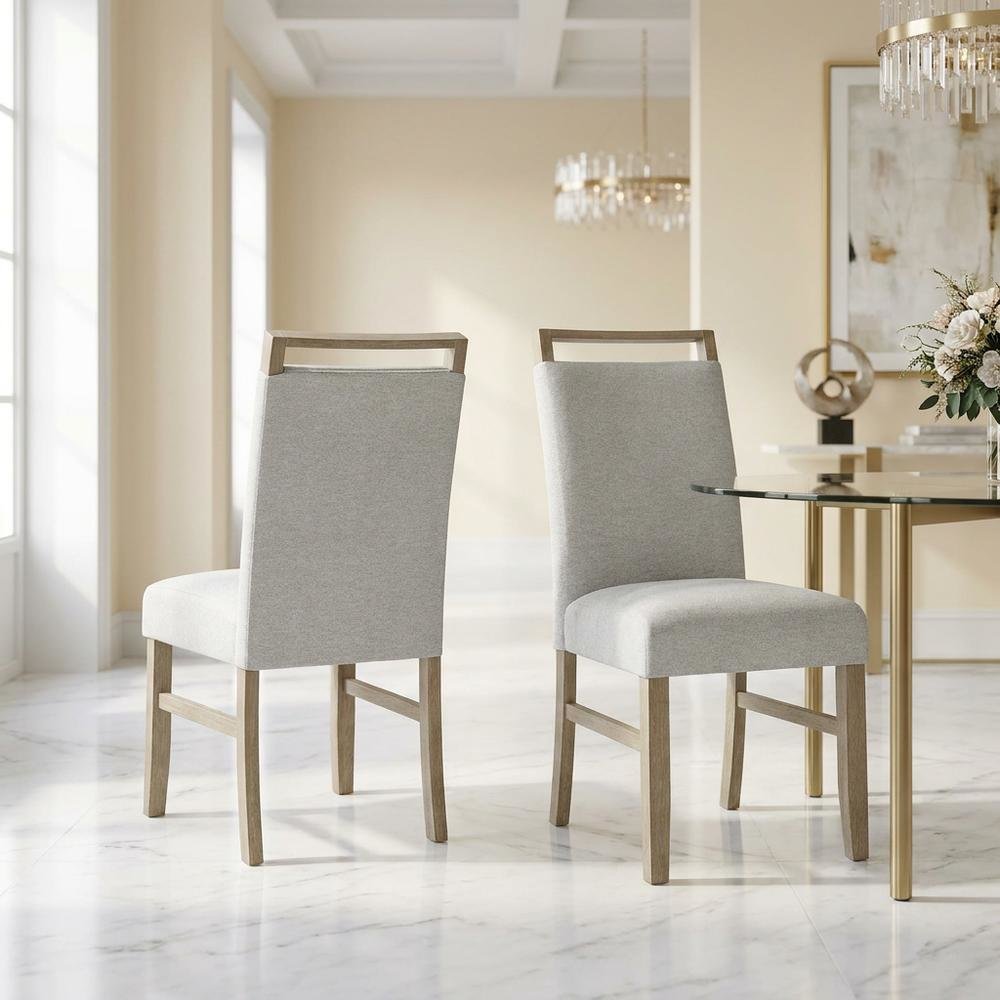 Set of 2 Light Oak Dining Chairs with Gray Fabric Upholstery, Transitional Style. Picture 3