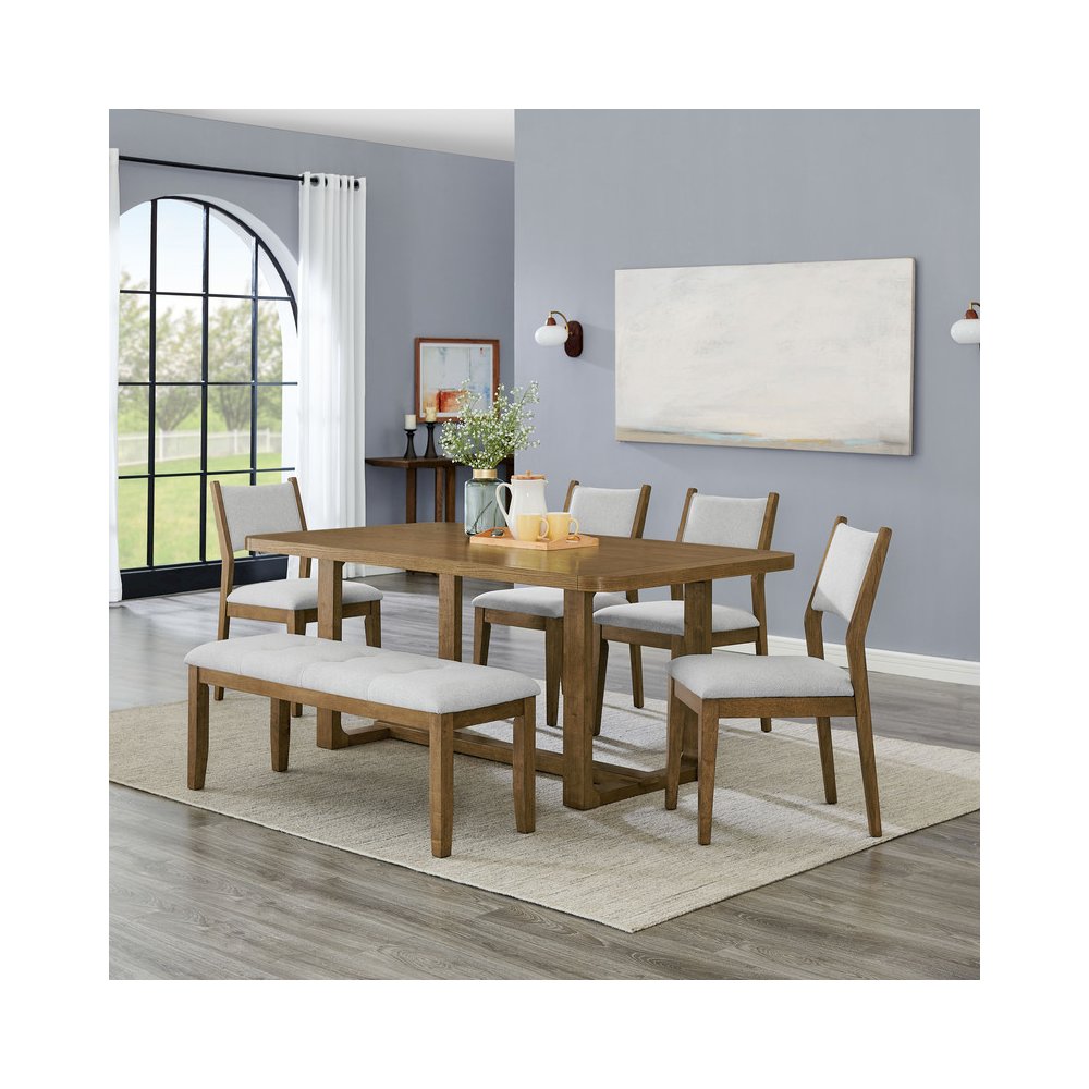 Darla 6Pc 72"W Rectangular Walnut Oak Finish Sled Dining Set with Bench. Picture 8