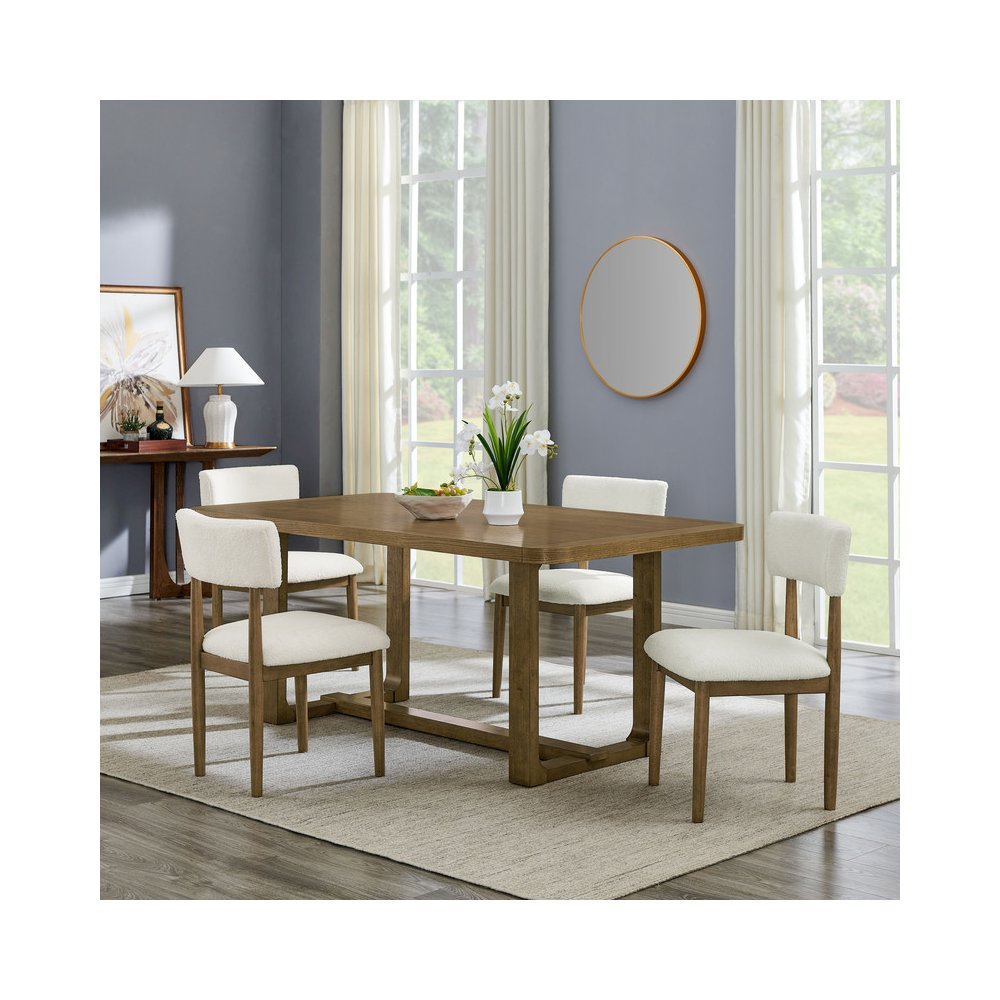 5Pc 72" Rectangular Walnut Oak Finish Sled Dining Set with Sherpa Fabric Chairs. Picture 6