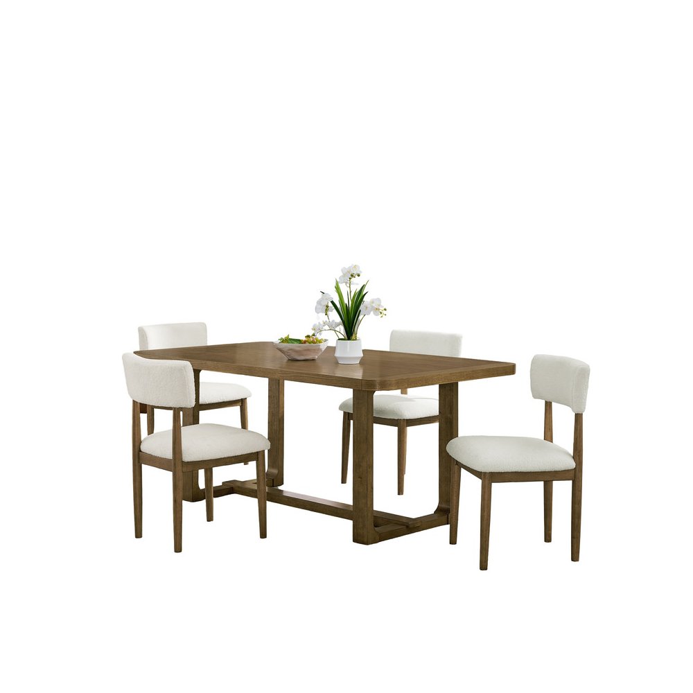 5Pc 72" Rectangular Walnut Oak Finish Sled Dining Set with Sherpa Fabric Chairs. Picture 1