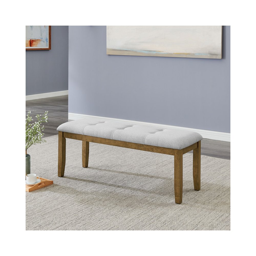 Darla Walnut Oak Dining Bench in Light Gray Fabric with Tufting. Picture 2