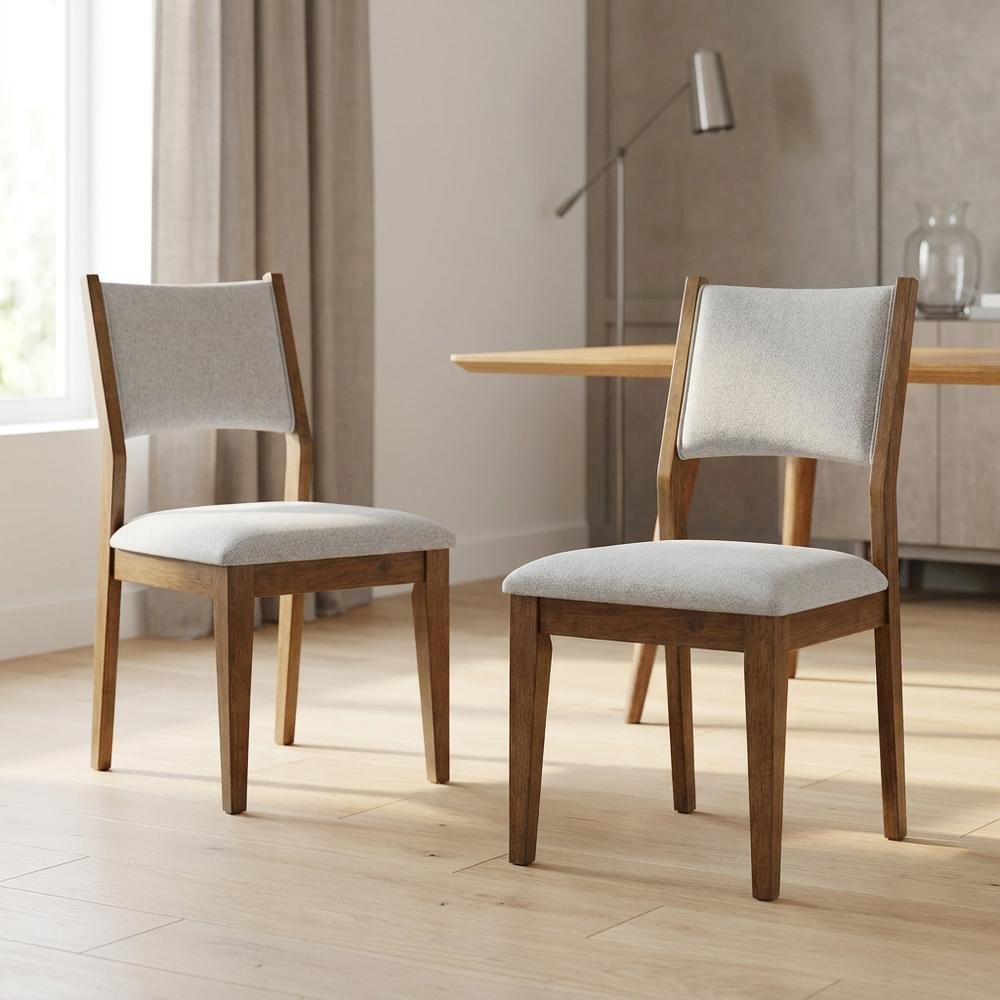 Set of 2 Walnut Oak Dining Chairs with Gray Fabric, Contemporary Style. Picture 2