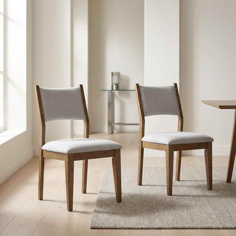 Set of 2 Walnut Oak Dining Chairs with Gray Fabric, Contemporary Style. Picture 3