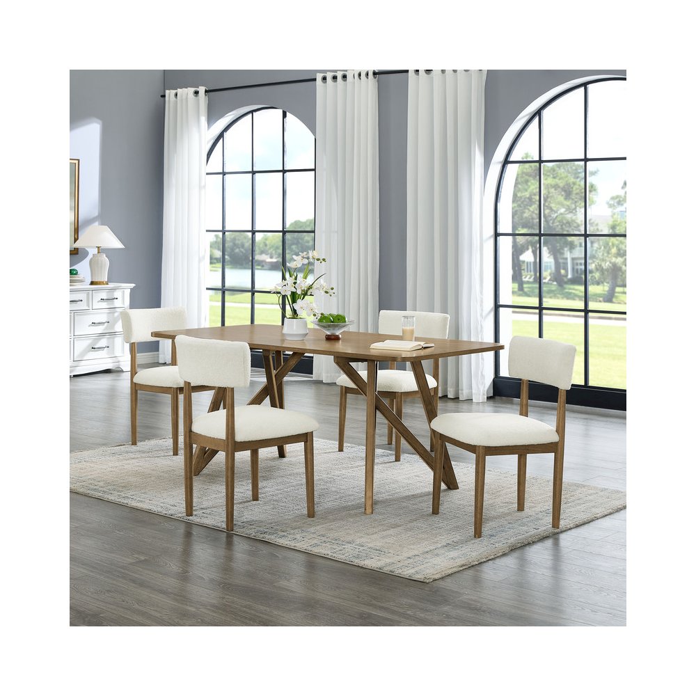 Darla 5Pc 70"W Rectangular Walnut Oak Geometric Cross Base Dining Set. Picture 6